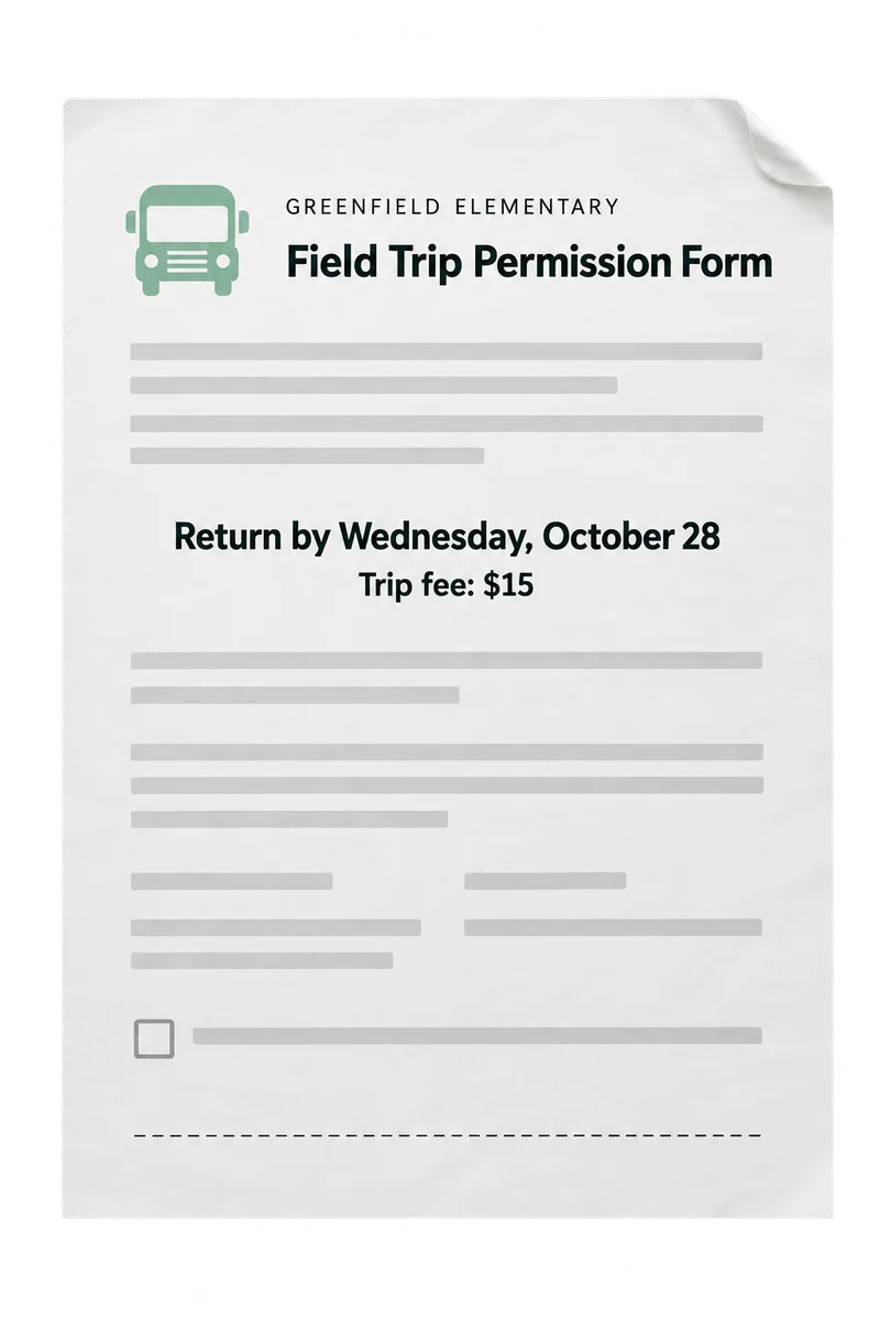 A field trip permission form from Greenfield Elementary