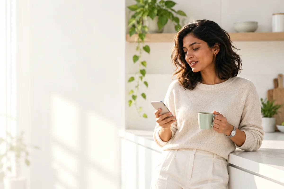 A woman at her kitchen counter smiling at the answer on her phone