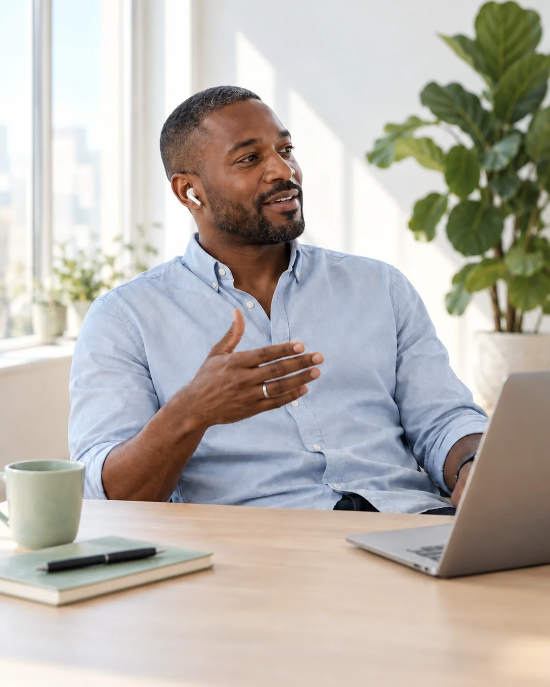 A man talking hands-free at a bright desk by the window