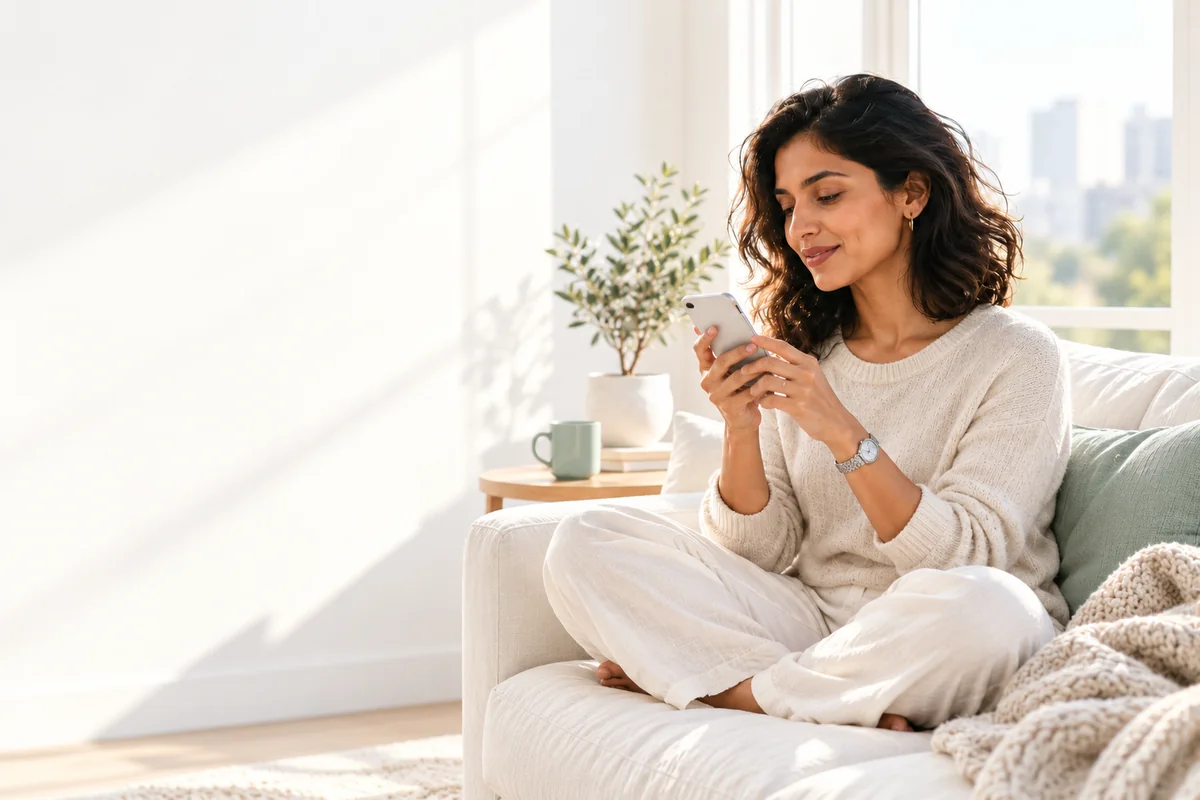 A woman on her sofa about to approve something on her phone