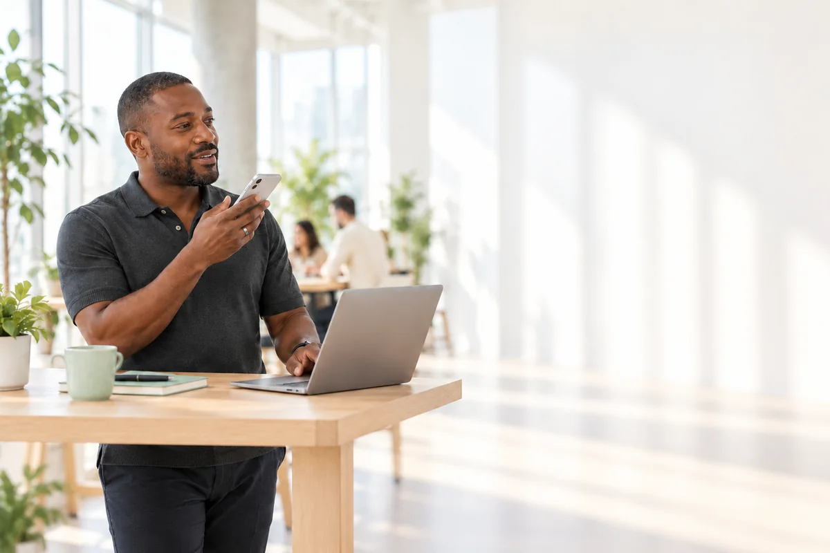 A man at a standing desk checking his projects by voice